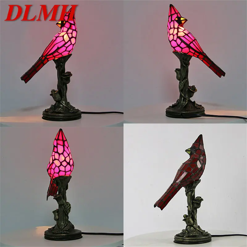 

DLMH Tiffany Glass Table Lamp Vintage LED Creative Red Bird Desk Lighting For Home Study Bedroom Bedside Decor