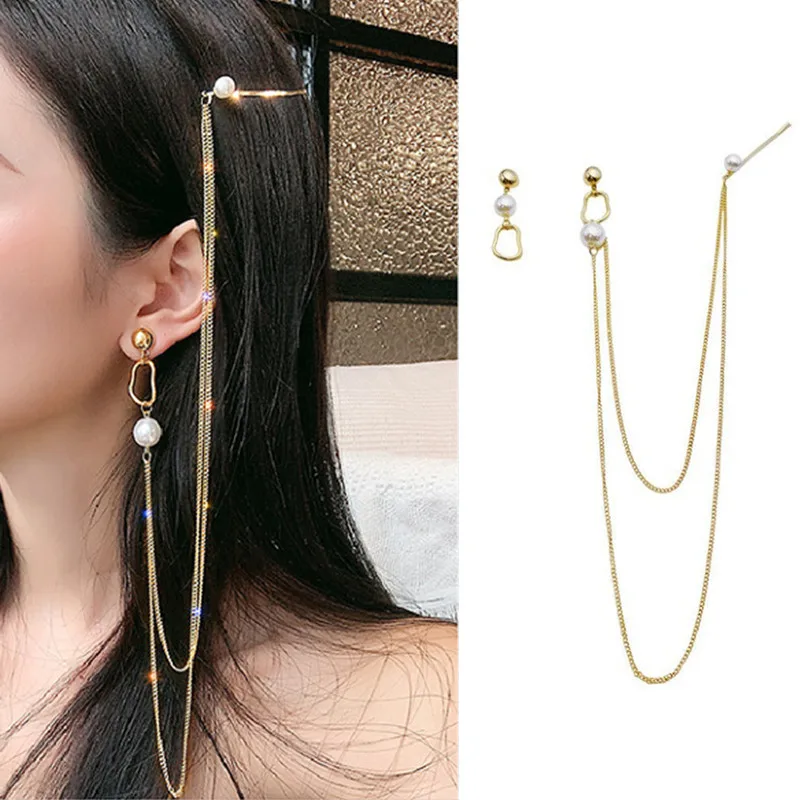 

European and American new hairpin earrings one-piece long tassel pearl personalized hairpin fashion irregular creative earrings