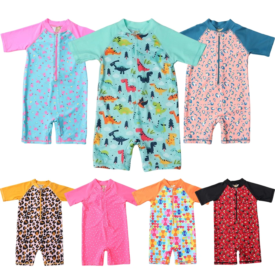 

7-18kg Boy&Girls' Swimsuit One Piece Swimwear Bathing Suit Rash Guard with Print Zipper Closure Short Sleeve Cute Baby Swimcloth