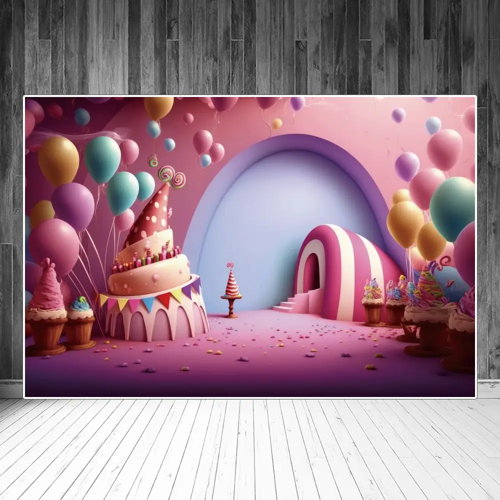 

Pink Birthday Party Stage Photography Backdrops Decoration Cakes Balloons Arch Personalized Children Photobooth Background Props