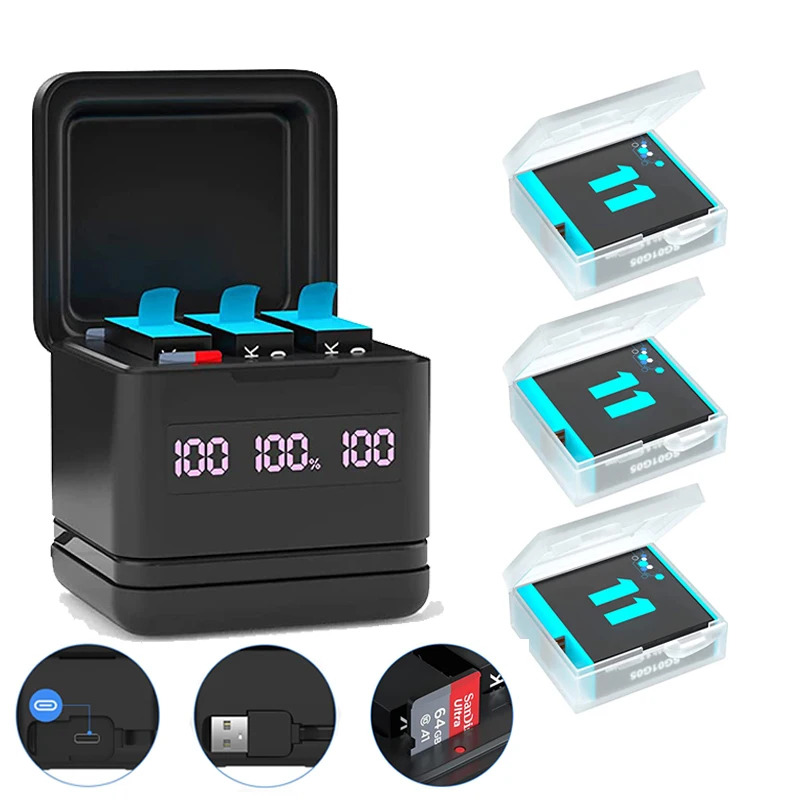 

PUENDI GoPro Hero 9/10/11 Battery USB and Type-C Fast Charger with High-Speed SD Card Reader Function, For GoPro Hero 9/10/11