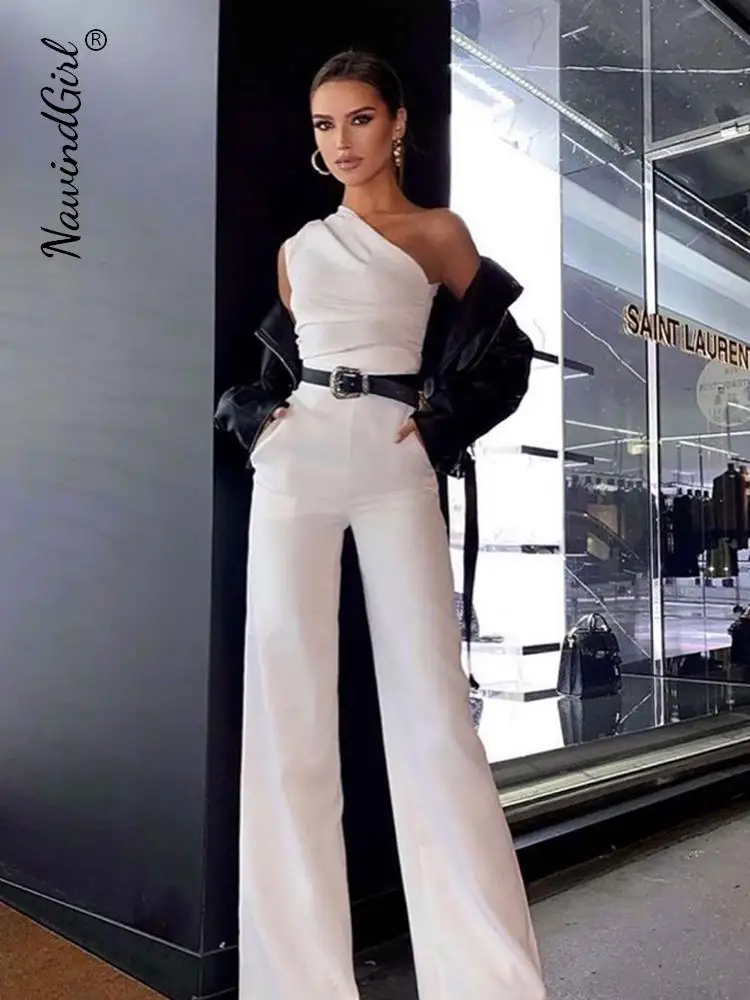 

White One shoulder Jumpsuits Women Sexy Backless Sleeveless Wide Leg Pants Jumpsuit 2023 Ladies Casual Lace Up Streetwear Romper