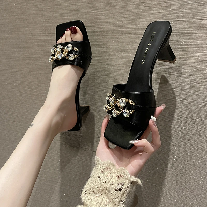 

Slipper Women 2022 New Open Toe Crystal Chain Slides PU Summer Elegant Party High Heels Luxury Women's Shoes with Free Shipping