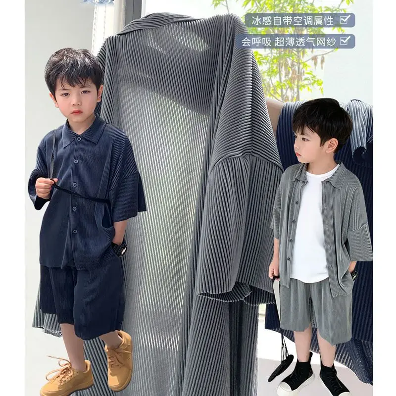 

Korea Teenagers Boy Kid Ribbed Loose Clothes Set Shirt+Shorts 2PCS Summer Child Clothing Set Casual cool Short Sleeve Baby Sets