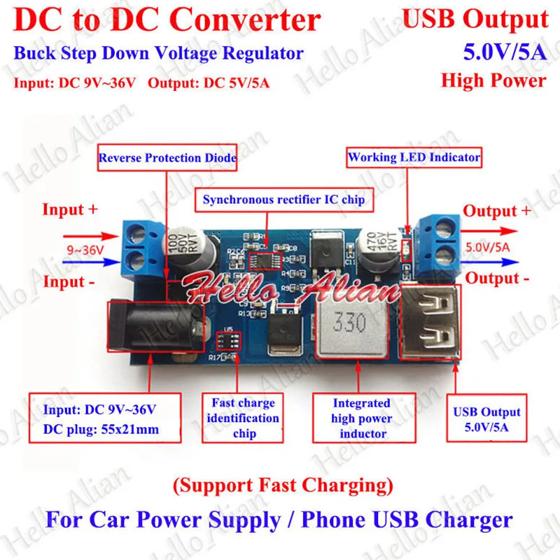 

Автомобильный понижающий преобразователь 9-36В в 5В 5А Step Down Voltage Regulator