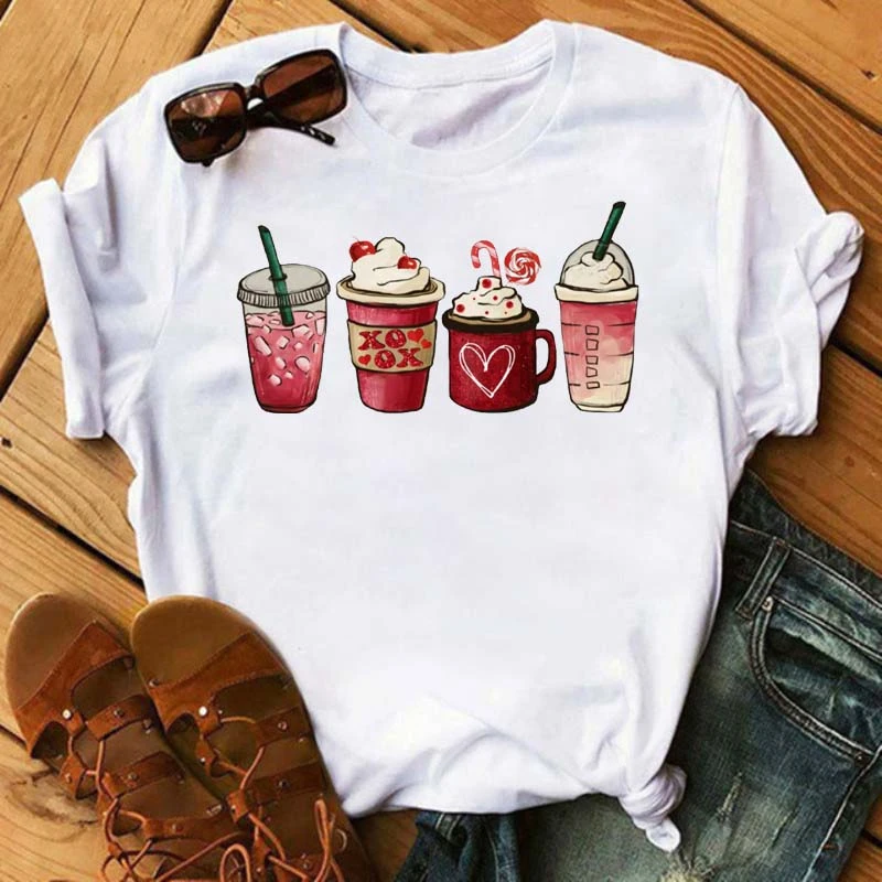 

WVIOCE New Cute Heart Coffee Printed Women Tops Love Fashion Graphic Print Tees Tops Casual Woman Valentines Day Clothes 34361