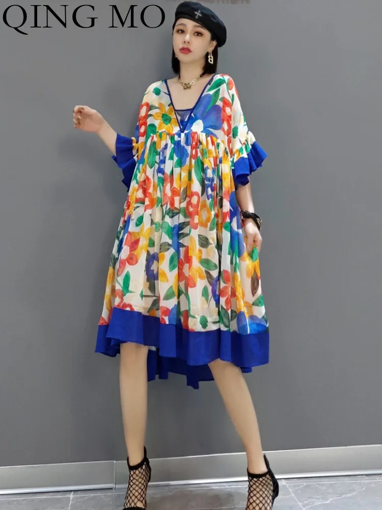 

QING MO 2023 Spring Summer New Fashion Knee Length Dress Korean Pink Chiffon Loose Large Size Women's Dress ZXF1053