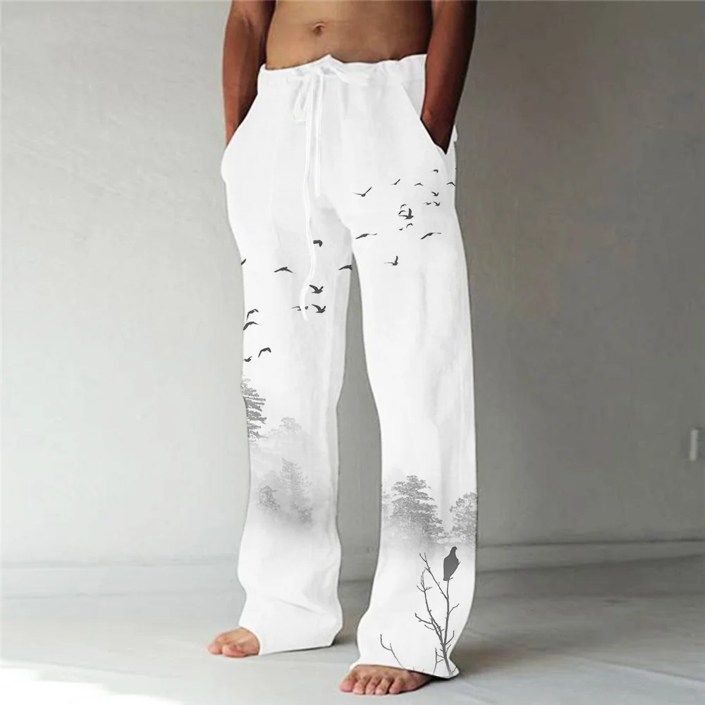 Men's Landscape Pattern Straight Trousers 3D Print Elastic Drawstring Design Front Pocket Pants Beach Scenery Graphic Comfort