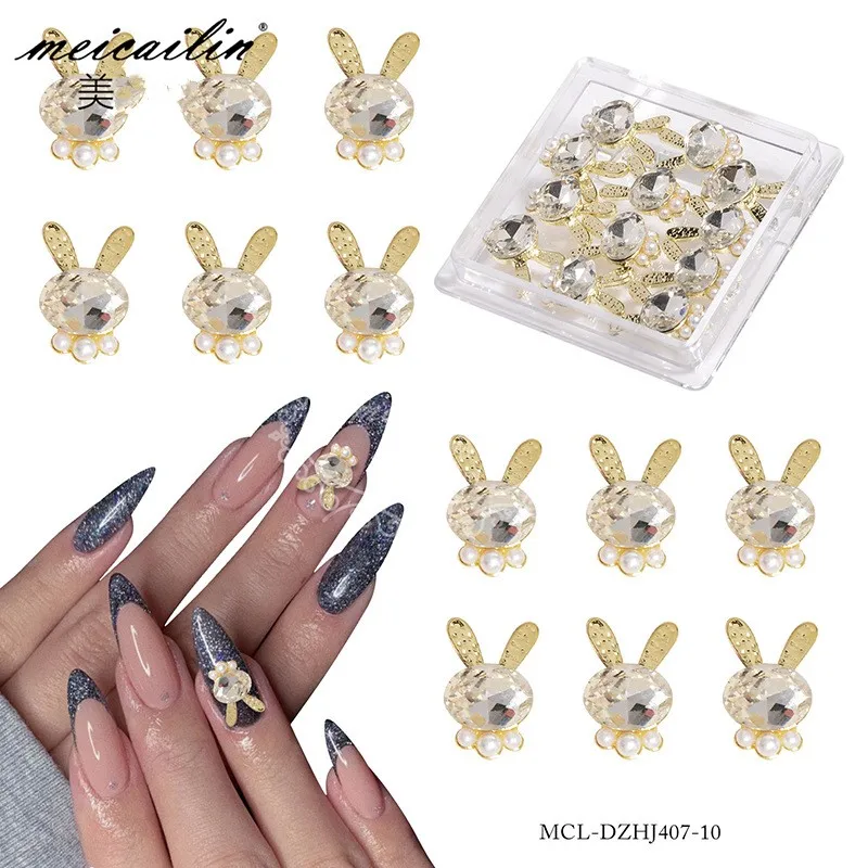 

12pcs Cartoon Rabbit Head Nail Rhinestones Colored Alloy Diamond Crystal Glass Nail Charms DIY Nail Art Decorations Accessories