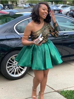 sexy green sequins short prom dresses 2023 one shoulder long sleeve graduation party gown homecoming wear robe de soiree