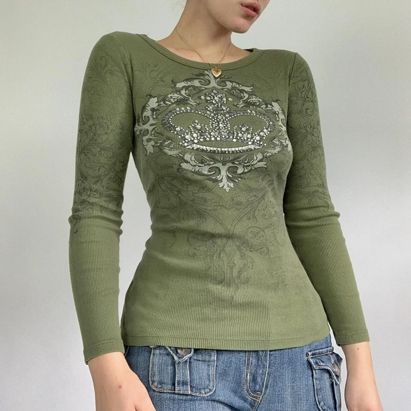 

Gaono Rhinestone T Shirt y2k Aesthetic Crown Print Long Sleeve Tops 2000s Women Tee Grunge Fairycore Clothes Streetwear