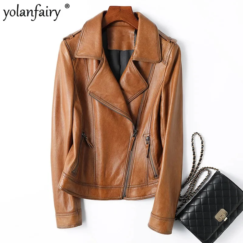 

Женская мотоциклетная куртка из натуральной кожи, с отложным воротником