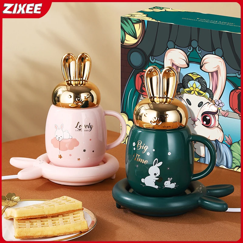 

Cute Rabbit Mug Warmer Smart Thermostatic Cup Coaster Cup Heating Pad Home Office Gift Coffee Mug Mat Warmer Set Water Heater