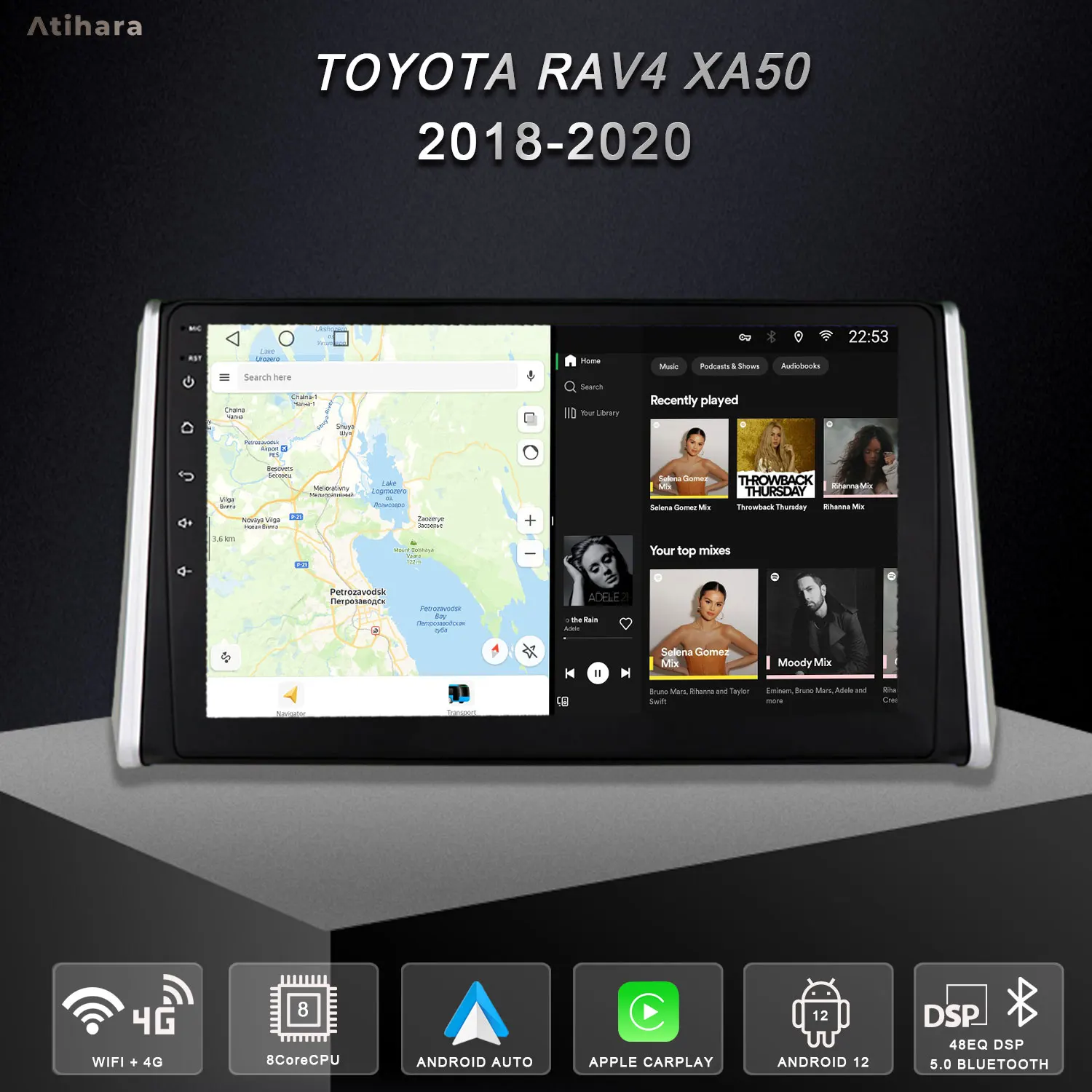 Автомобильное радио Atihara 10 1 дюйма на базе Android для Toyota RAV4 XA50 2018-2020 Carplay Auto