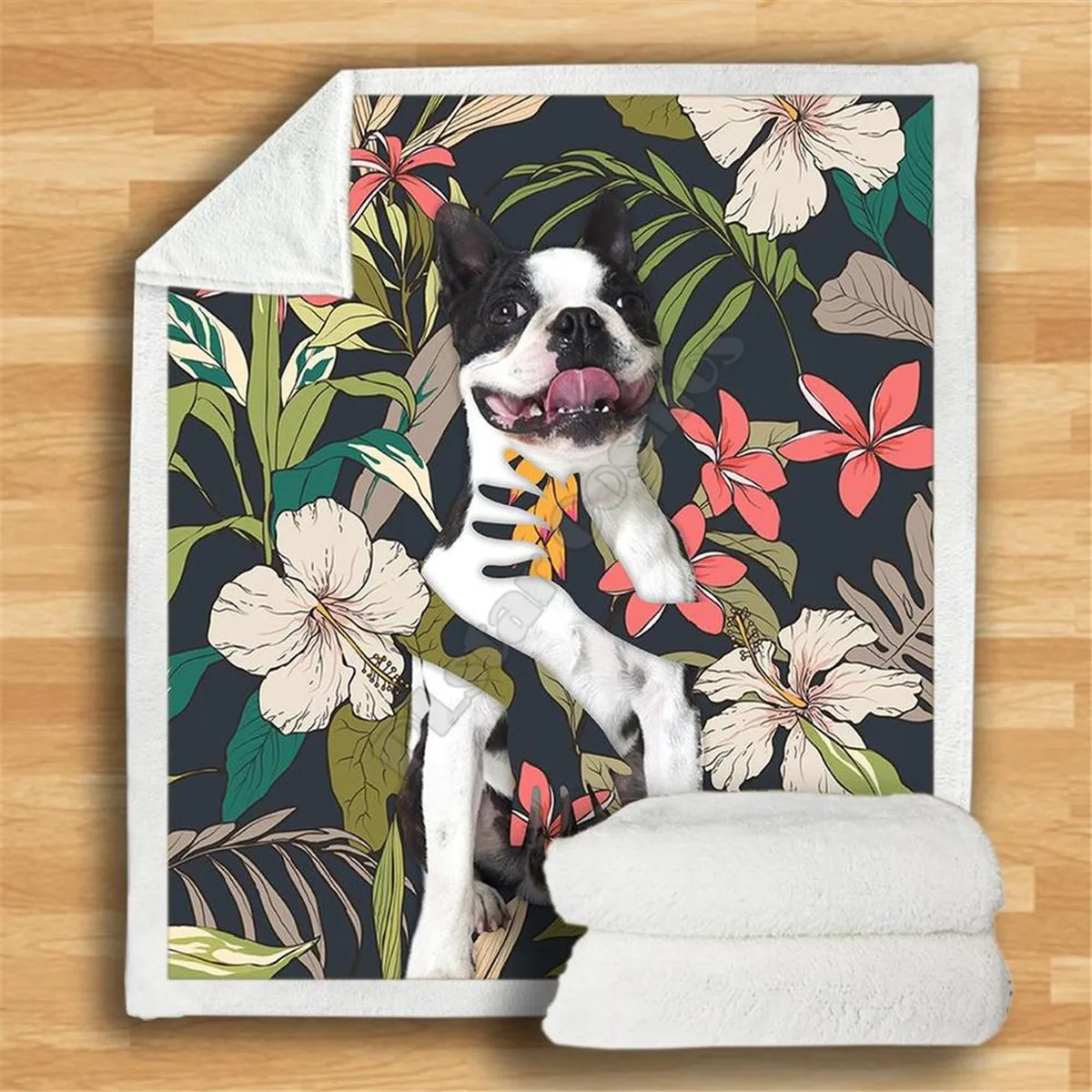 

Boston Terrier Flower Plant Cozy Premiun Fleece Blanket 3D print Sherpa Blanket on Bed Home Textiles 02
