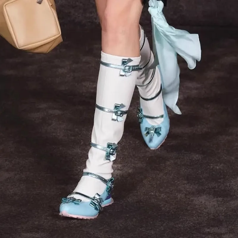 

Модные эластичные сапоги в европейском и американском стиле для девочек с бантом, новинка 2023, высокие сапоги на толстой подошве, Спортивные сапоги 35-39, женские сапоги до колена