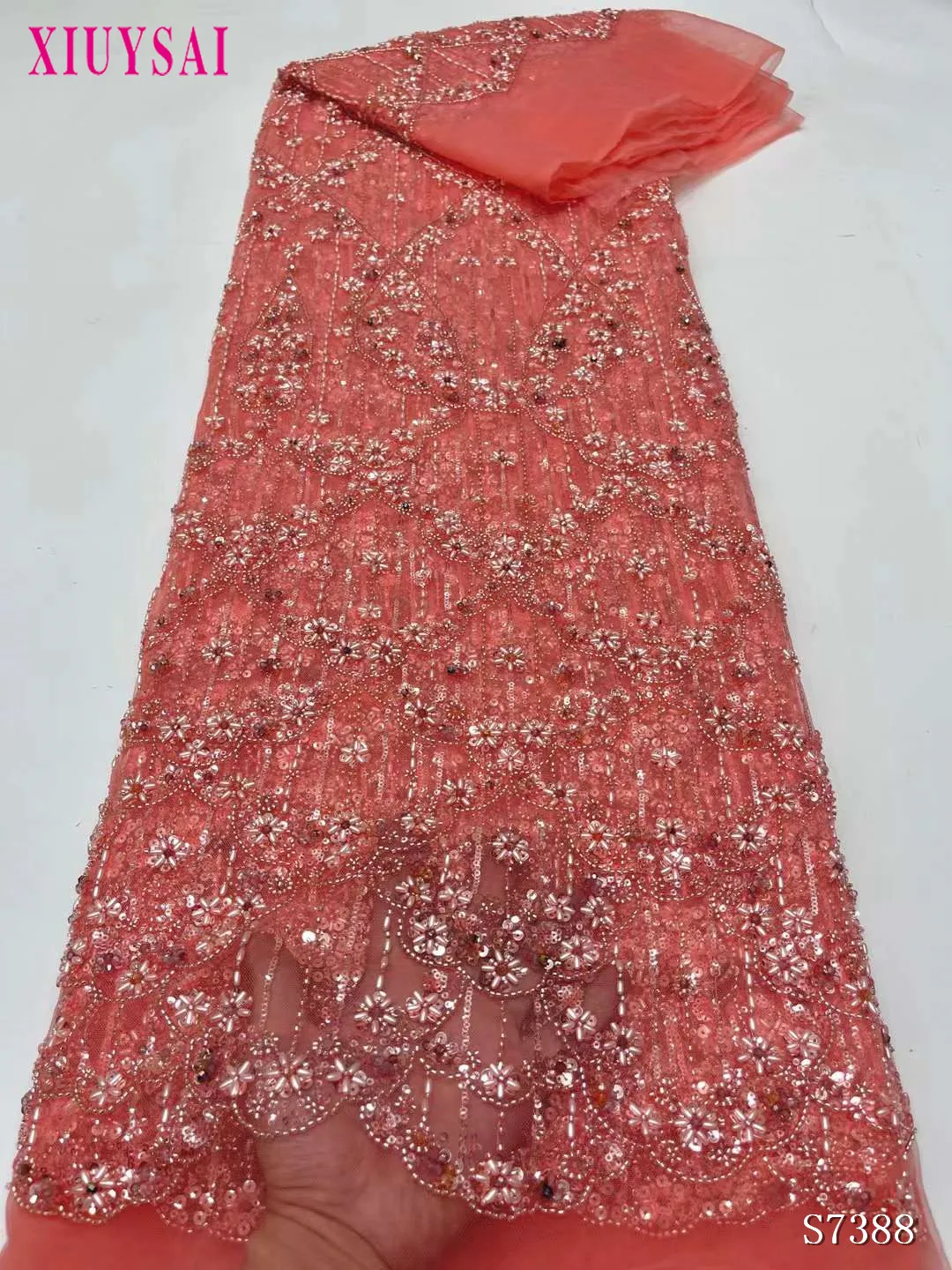 

Персиковая африканская кружевная ткань с блестками 2023 Высококачественная вышивка из бисера нигерийский французский тюль кружевной материал для свадебного платья