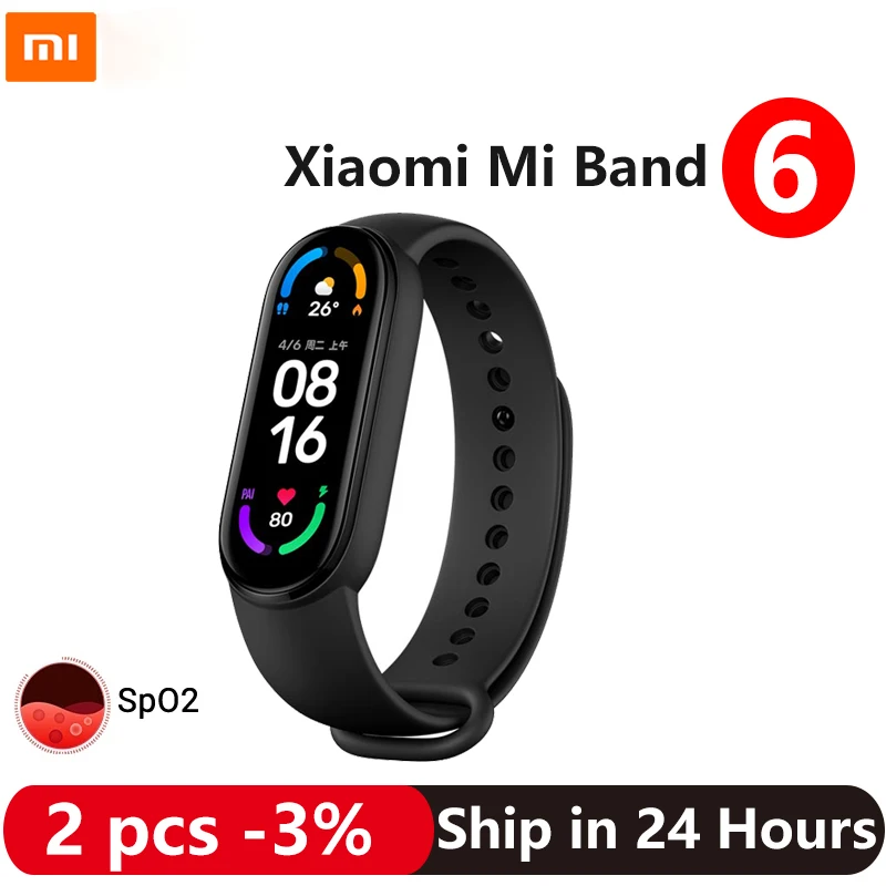 

Смарт-браслет Xiaomi Mi Band 6, цветной Водонепроницаемый Фитнес-трекер с AMOLED экраном, с функцией измерения уровня кислорода в крови и Bluetooth