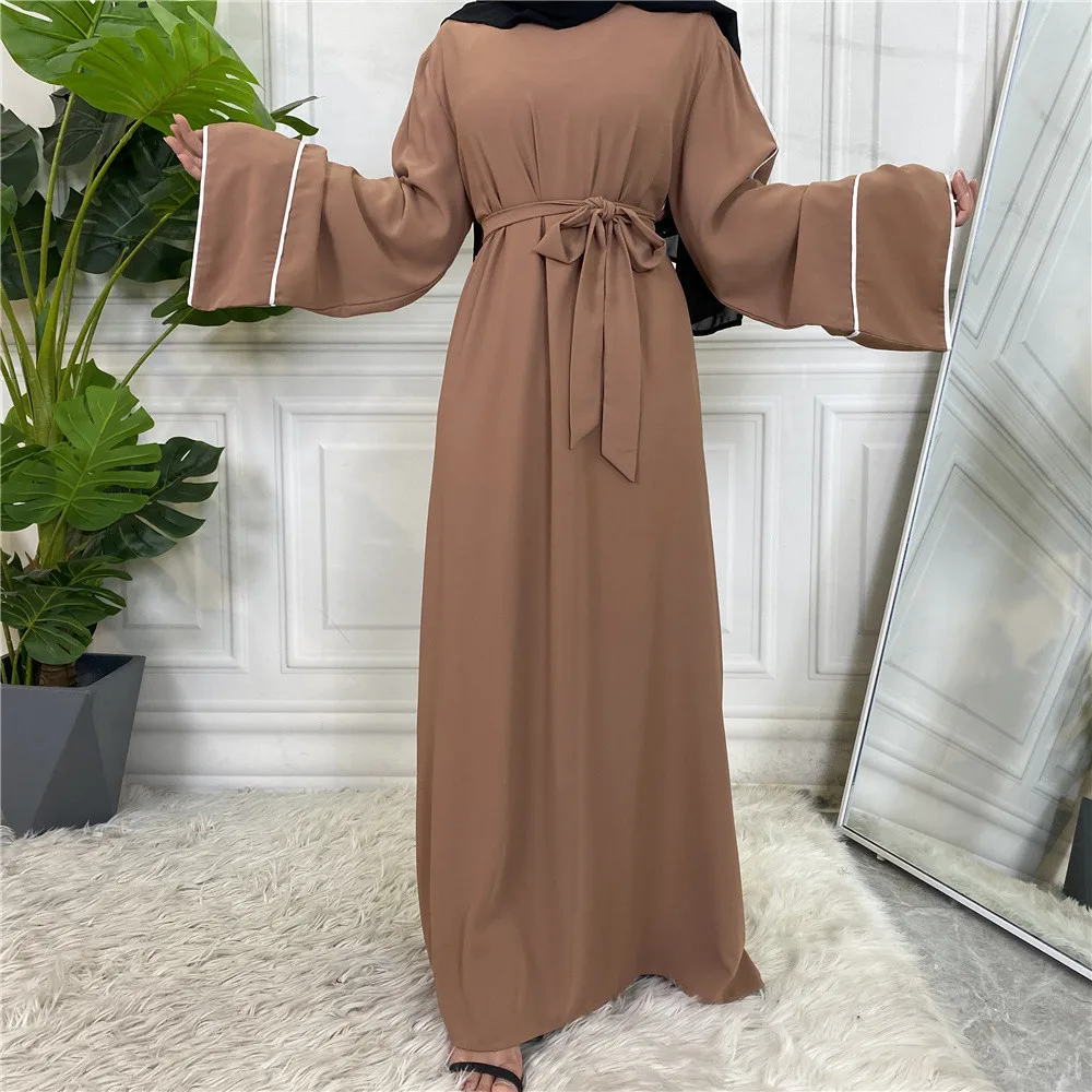 Ramadan Muslim Fashion Long Arabic Hijab Dress Solid Color Islam Clothing Belted Abaya Dubai Turkey African Dresses for Women