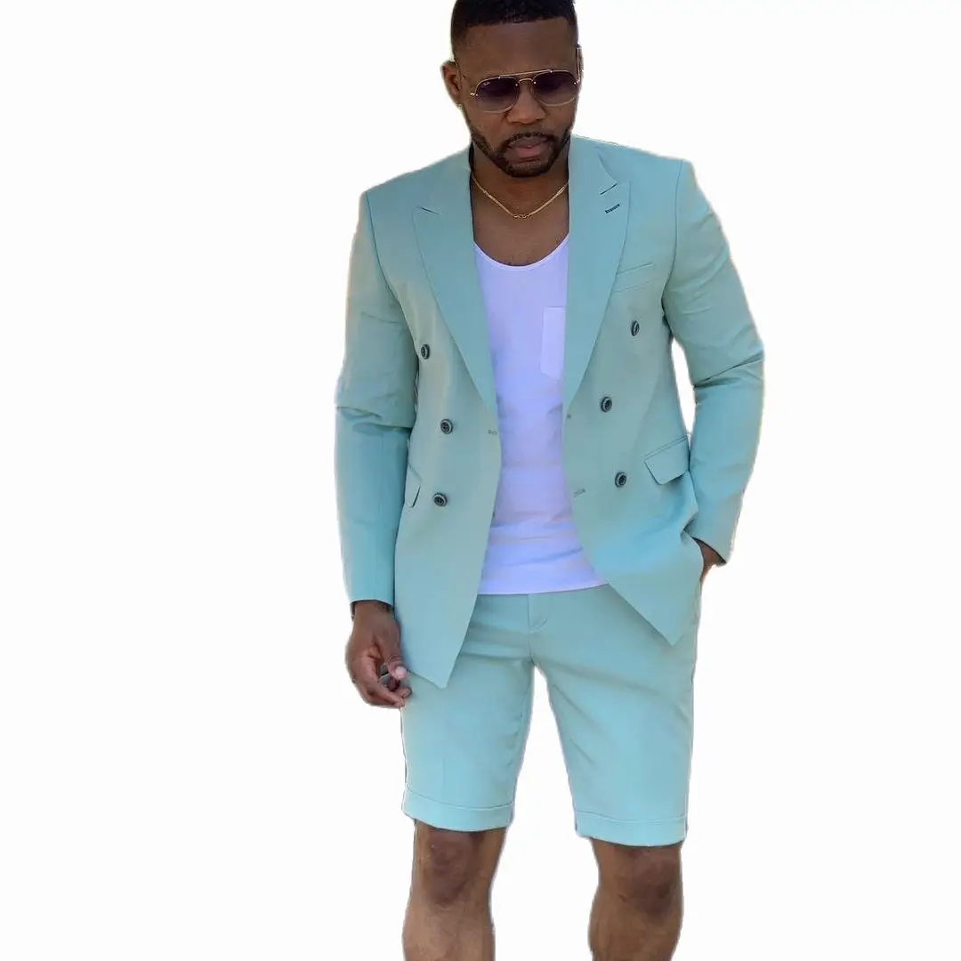 Tailored Made Mint Green Double Breasted Mens Suits Short Pants Summer Beach Groom Suit Casual Business Wedding Best Man Blazer