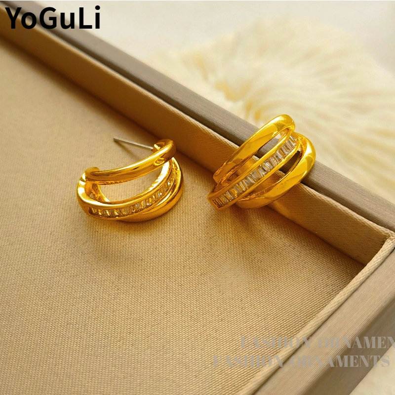 

Fashion Jewelry Geometric Hoop Earrings 925 Silver Needle Hot Sale High Quality Copper Gold Color Crystal Earrings For Women