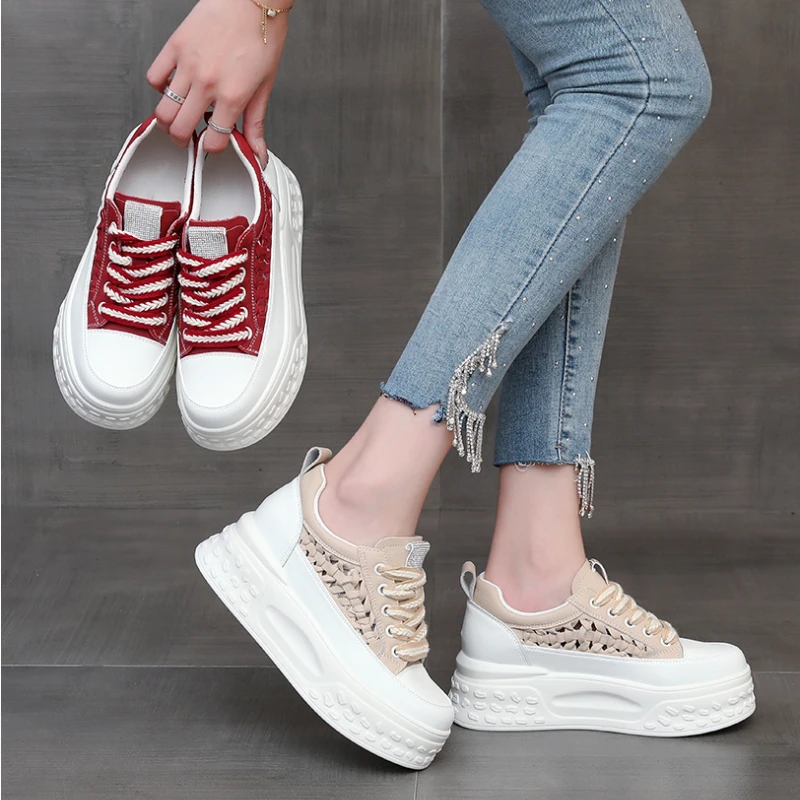 7cm 2023 Hollow Weave Design Genuine Leather Women Casual Summer Platform Wedge Chunky Sneakers Vulcanize Breathable Shoes