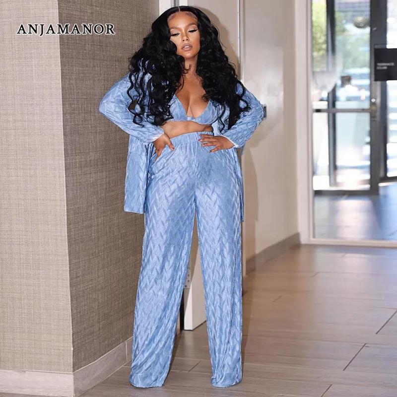 

ANJAMANOR Blue Cozy Three Piece Set Womens Outfit Fall 2022 Lounge Wear Bikini Cardigan Wide Leg Pants Ladies Suits D69-EF40