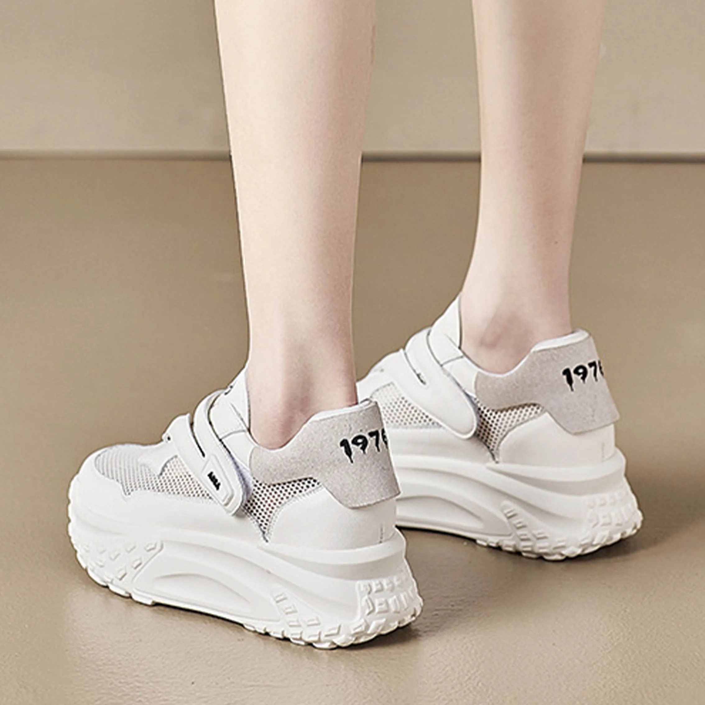 2023 Hook&Loop Mesh New Genuine Leather Comfy High Brand Breathable Shoes Chunky Sneaker Summer Platform Women Wedge Shoes