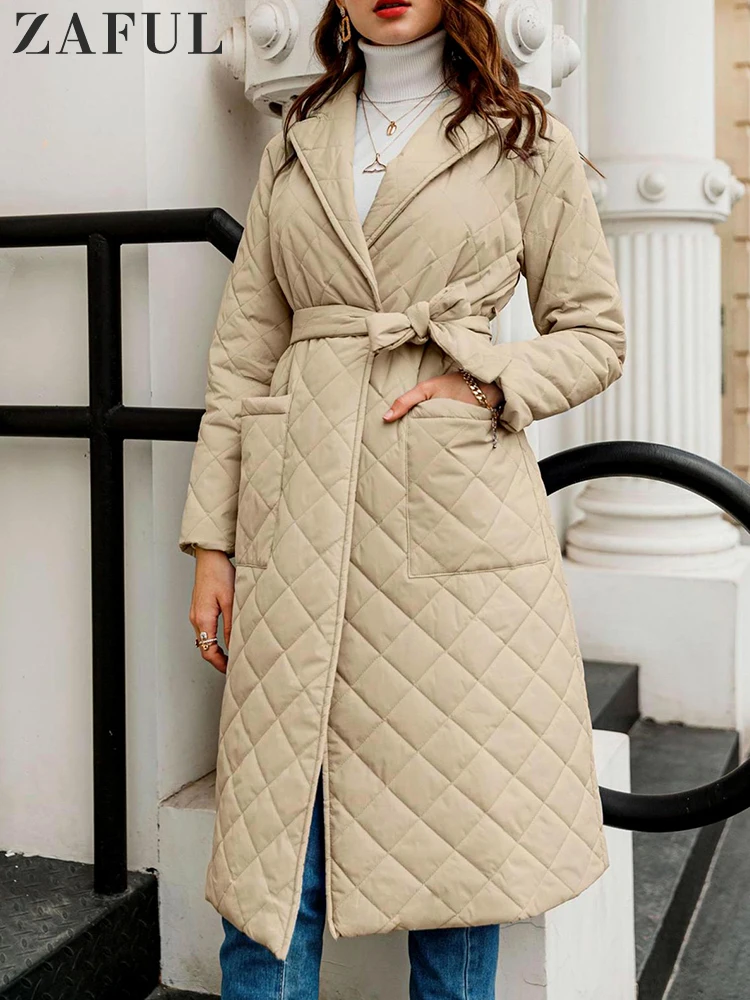 

ZAFUL Winter Coat Women Belted Lapel Collar Longline Padded Quilted Coat Jackets for Women 2022 Coats Women's Winter Padding