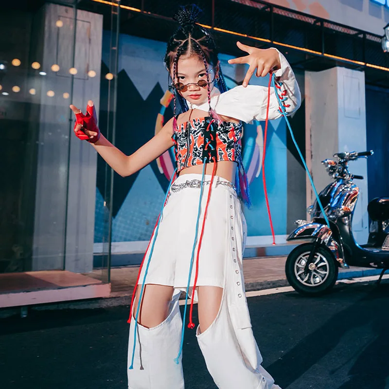 

Jazz Dance Stage Performance Costumes For Kids One-Sleeve Tops White Pants Girls Modern Street Dance Hip Hop Clothes 2022 CM