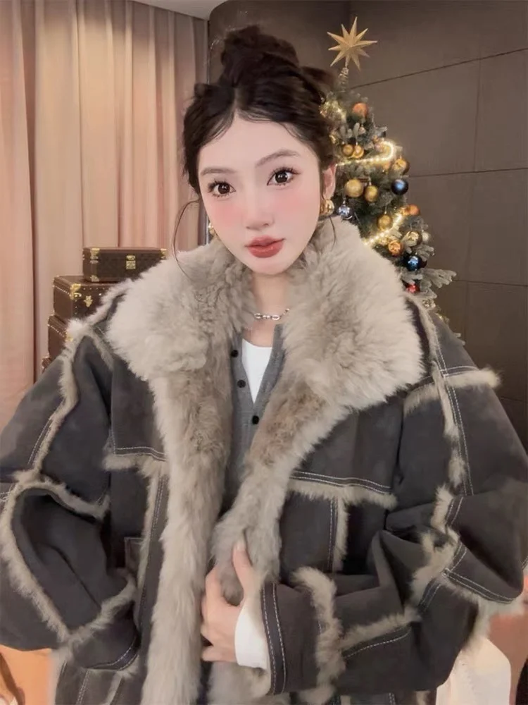 2023 Autumn and Winter Versatile Slimming Coat Fashion Casual Loose Fleece-lined Thick Warm Furry Patchwork Outerwear Women