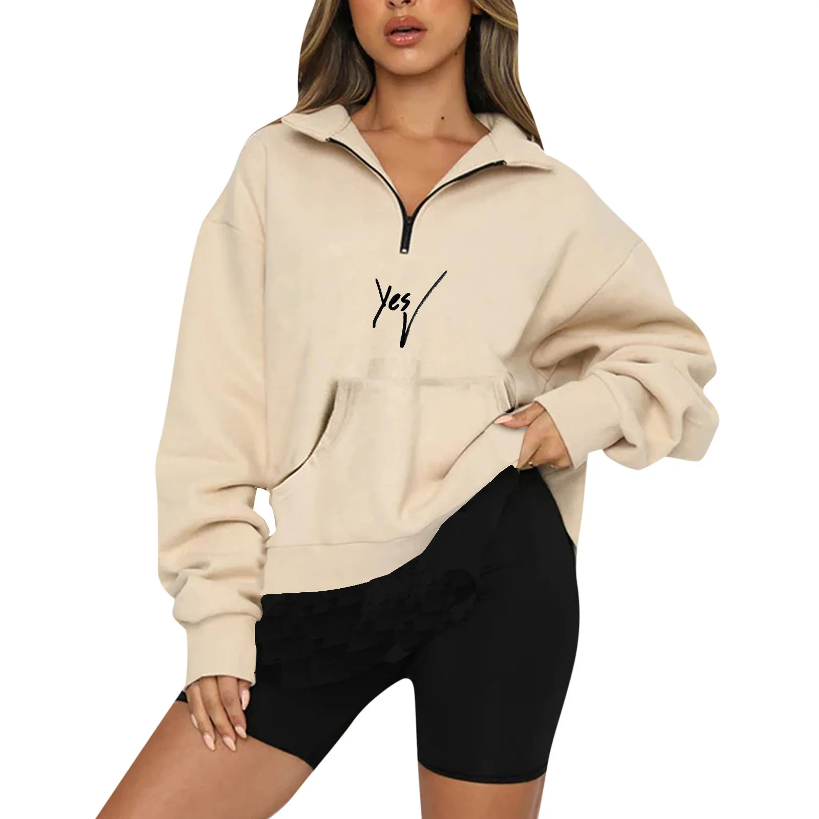 

Womens Zipper Lapel Pullover Letter Print Sweatshirt Thickened Casual Hoodless Top Long Sleeve Hoodie For Ladies Autumn Winter