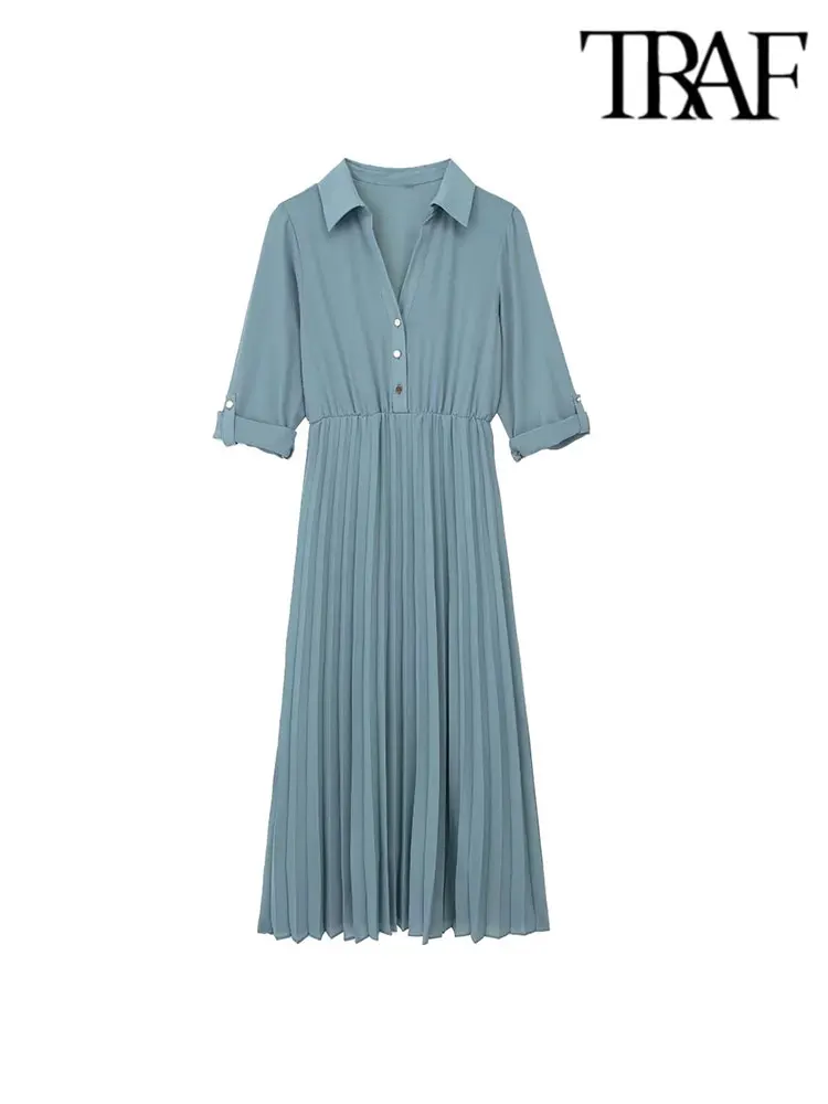 

Платье-рубашка летнее шифоновое Плиссированное с рукавами до запястья и V-образным вырезом