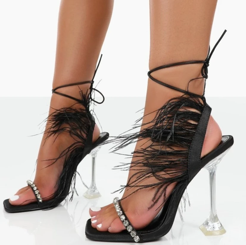2022 New Women's High-Heeled Sandals Rhinestone Cross-Strap Square Toe Sexy Stiletto Feather Sandals Ladies Fashion Party Shoes