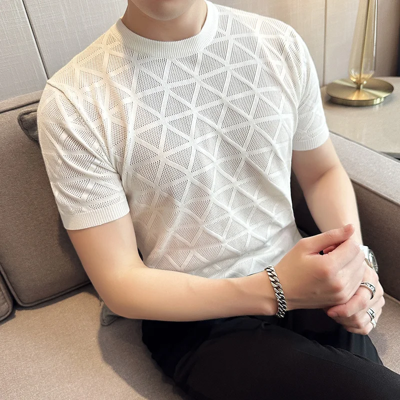 

2023 New Summer Solid Color Sexy Hollow Out T-shirt Men Short-sleeved Crewneck Casual T-shirt Male Stretch Check Slim Tee Tops