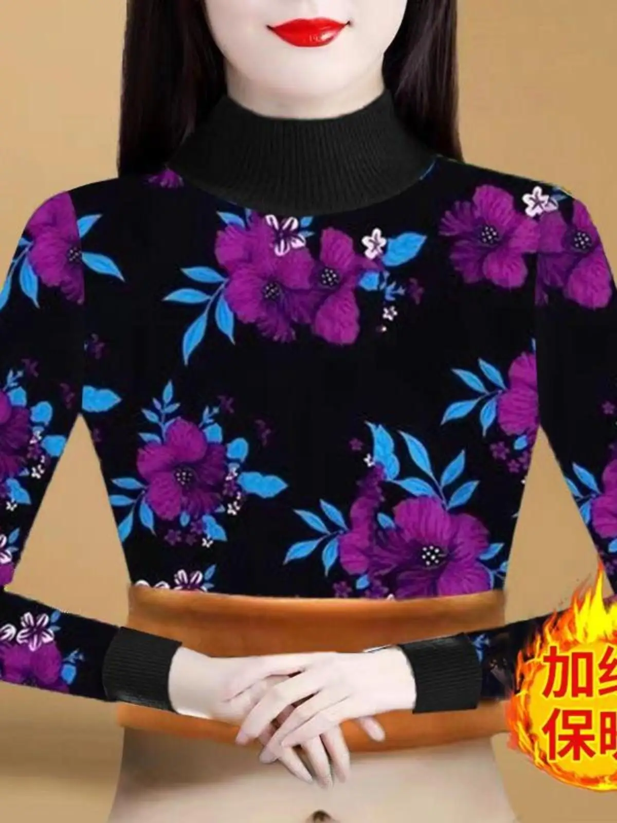 Middle-Aged and Elderly Autumn Winter New Fleece-lined Thickened Half-high Collar Bottoming Shirt Loose Middle-aged Women...