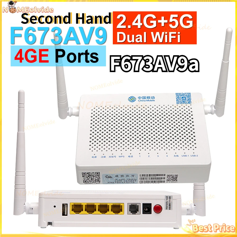 Second Hand F673AV9/F673AV9a Dual Band Used Optical ONU ONT GPON 4GE 1TEL 2USB 5G Wifi Used English Version without Power Router