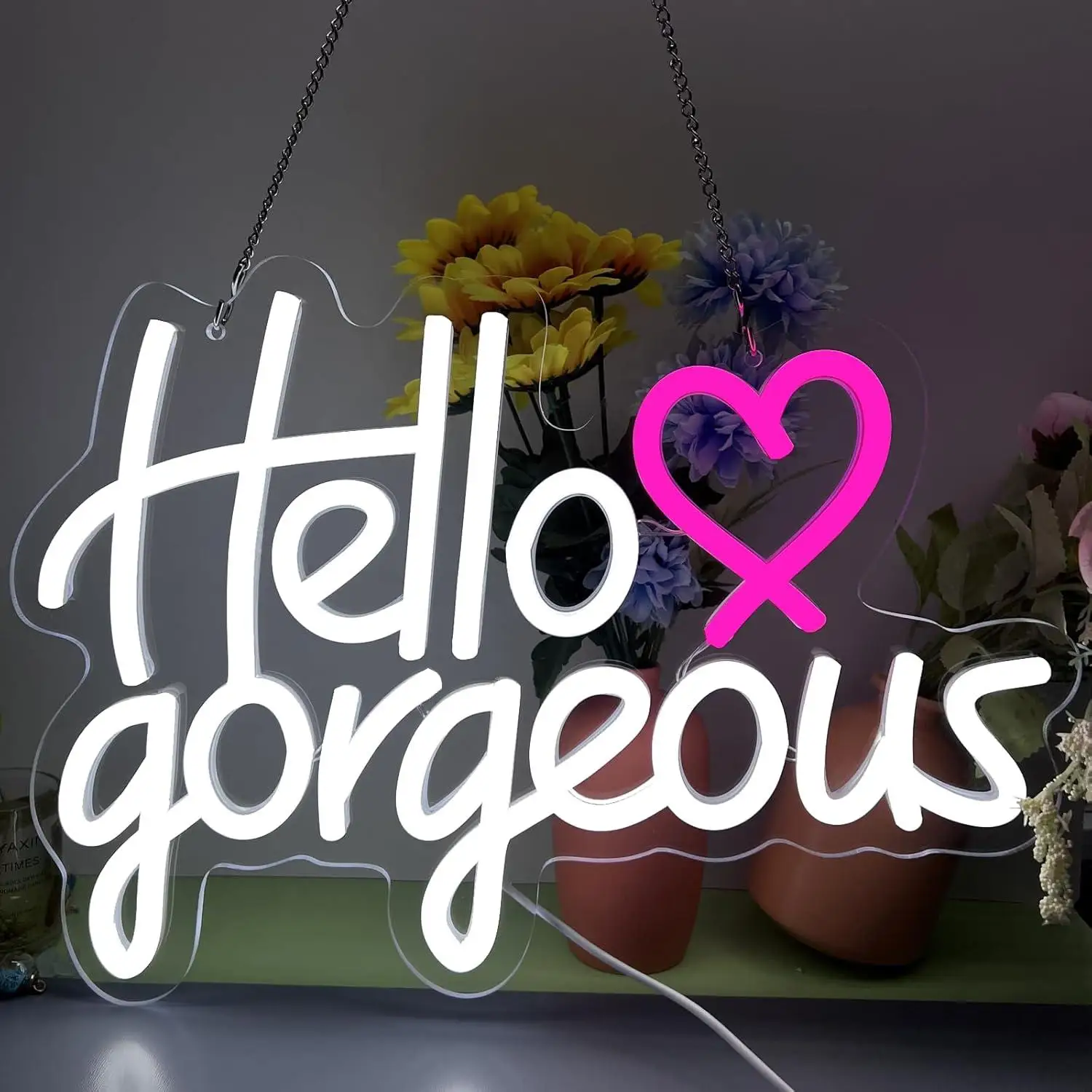 Фото Неоновая вывеска «Hello Gorgeous» с USB-подсветкой для декора стен, спальни, бара, свадьбы, помолвки, юбилея, вечеринки, художественного оформления, подарков №1