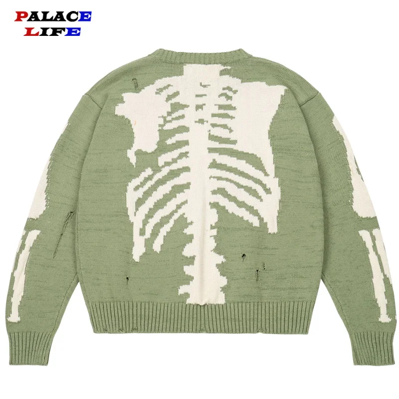 Men Oversized Sweater Green Loose Skeleton Bone Printing Woman High Quality High Street Damage Hole Vintage 1:1 Knitted Sweater 1