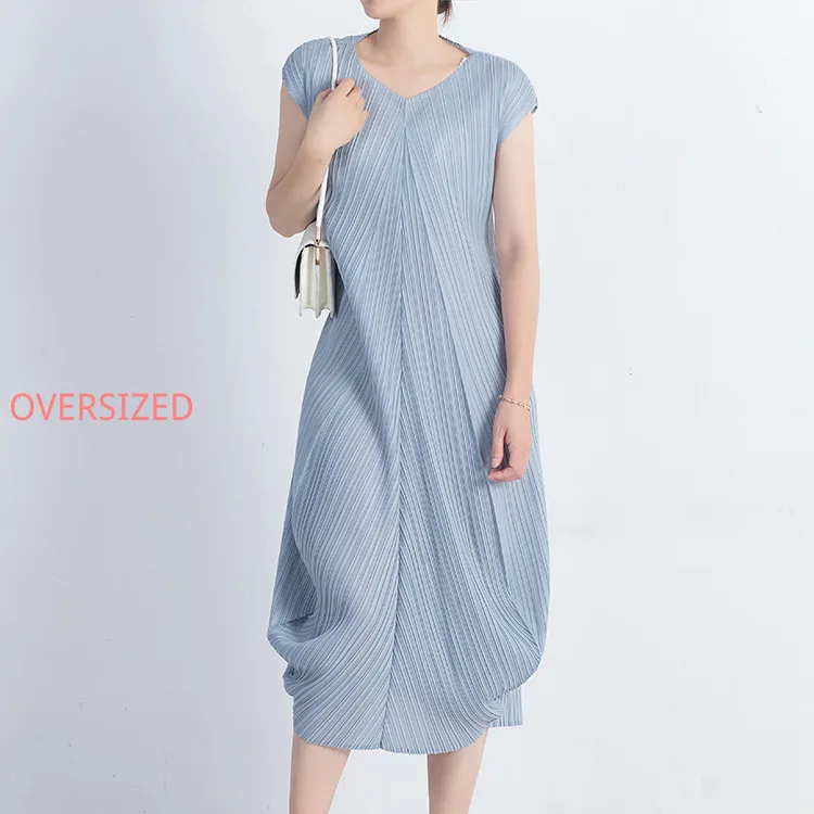 

MIYAKE, плиссированное платье в Корейском стиле, асимметричное платье с v-образным вырезом, плиссированное платье для путешествий, элегантное платье, женское платье, Vetement Femme Ropa Mujer