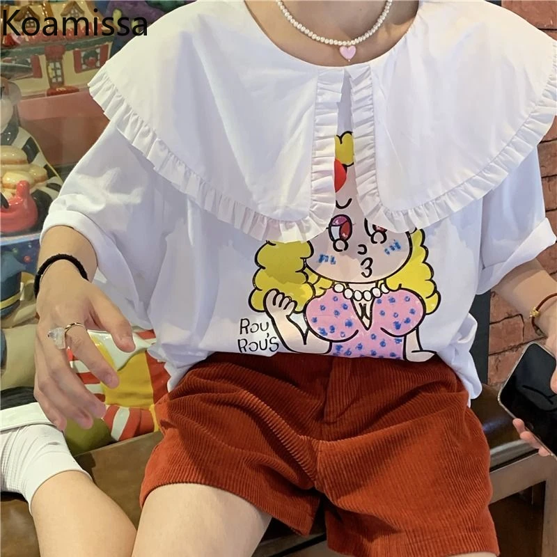

Koamissa Causal Loose Women Cartoon T-shirt Sweet Peter Pan Collar Bow Student Oversized Tshirt Korean Chic Long Tees Dropshipp