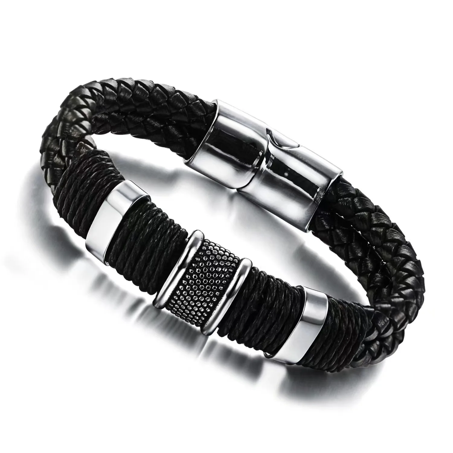 

2023 New Fahsion Men Bracelet Woven Leather Rope Wrap Special Style Classic Stainless Steel Men Leather Double-layer Bracelet