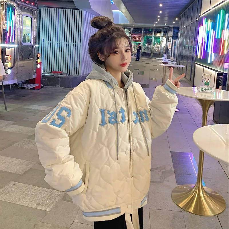 Hooded Jacket Love Embroidery Retro Baseball Uniform Women's Jacket Spring Autumn Winter Loose Cotton Clothes Cotton Clothes