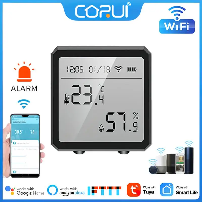 

Tuya WiFi Temperature Humidity Sensor With LCD Screen Display Alarm APP Push Ultra-low Battery Power Consumption Alexa Google