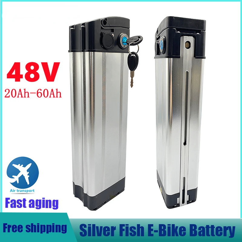 

48V 20ah 30ah 40ah 50ah 60ah Silver Fish Style Electric Bike Battery 48V Lithium Battery with Aluminum Case Anti-theft Lock