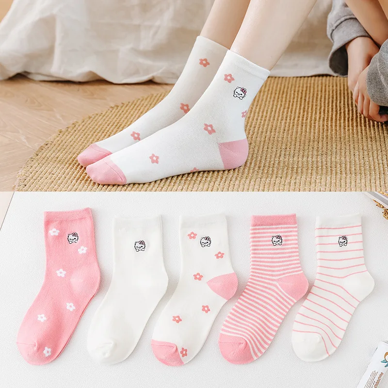 

5pcs Kawaii Hellokitty Doraemon Summer Girls Socks Sanrio Japanese Cartoon Simple Student Socks Cute College Style Cotton Socks
