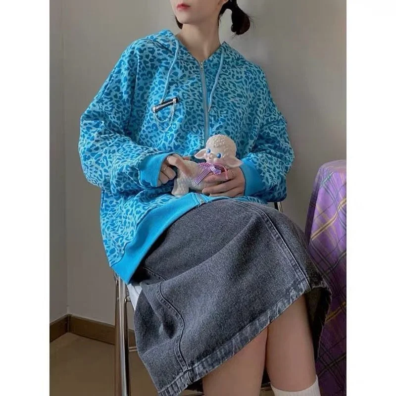 Модная розовая толстовка на молнии Y2k Harajuku уличная одежда с леопардовым принтом