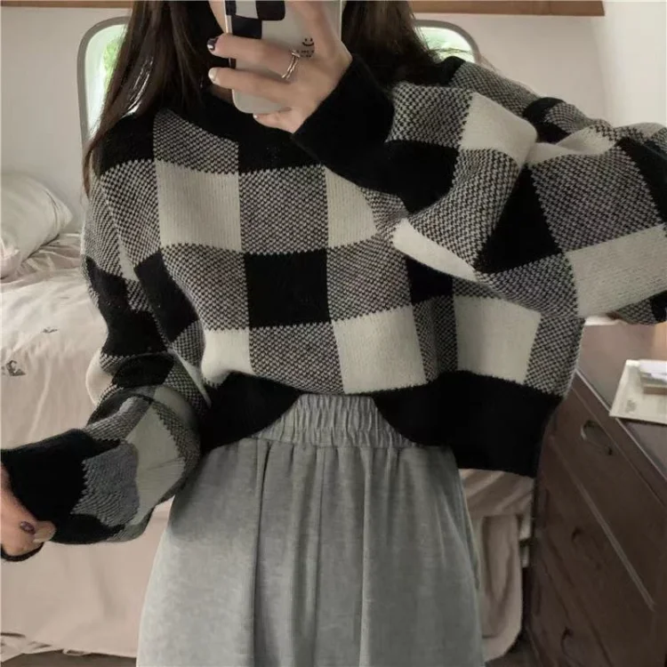 

Korean Vintage Chessboard Grid Sweaters Autumn E-Girl Long Sleeve Loose Tops Women Y2k Grunge Slim Fit Knitted Pullovers