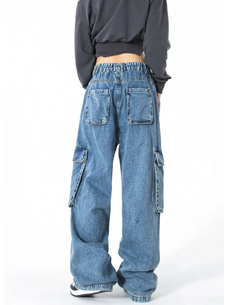 

American retro big pocket tooling jeans women's straight slim wide-leg pants design sense niche women's clothing 2023 spring new