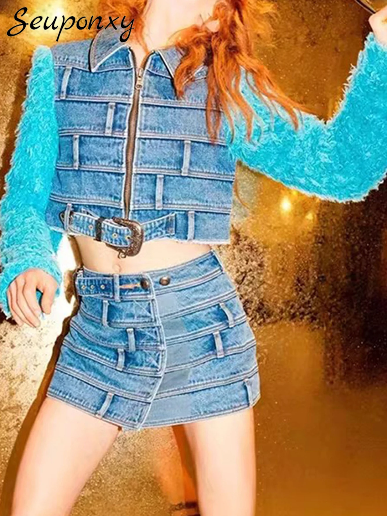 

Женская короткая хлопковая куртка, пикантная куртка из джинсовой ткани в стиле пэчворк, с отложным воротником, молнией и пряжкой на талии, осень/зима